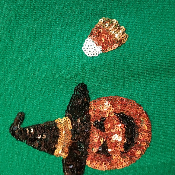 Victoria Harbour Kelly Green Sweater with Sequined Pumpkins and Candy Corn - Picture 3 of 7